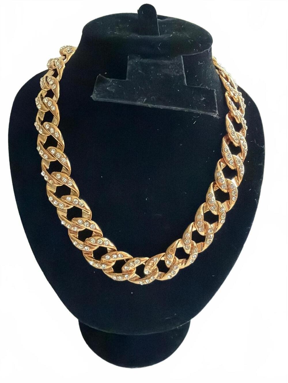 Vintage 90s Chunky Gold Tone Miami Cuban Chain Pave Crystal Statement Choker NOS